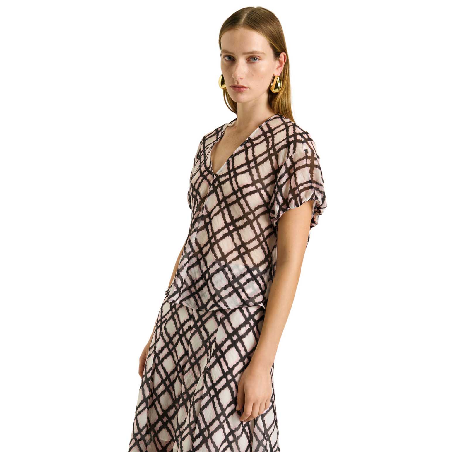 Veronika Maine Ikat Check Gathered Sleeve Top